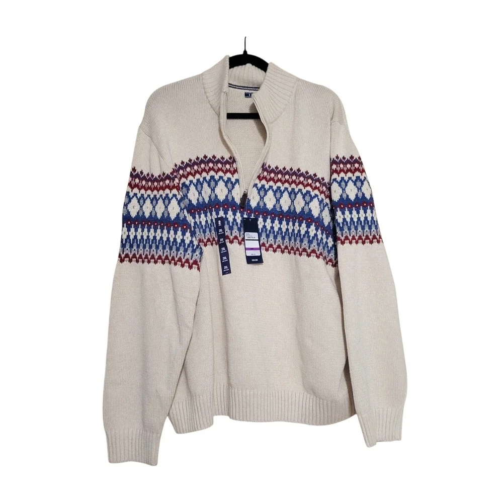 IZOD Mens 2XB NEW Fair Isle Christmas Holiday Winter Quarter Zip Sweater Cream